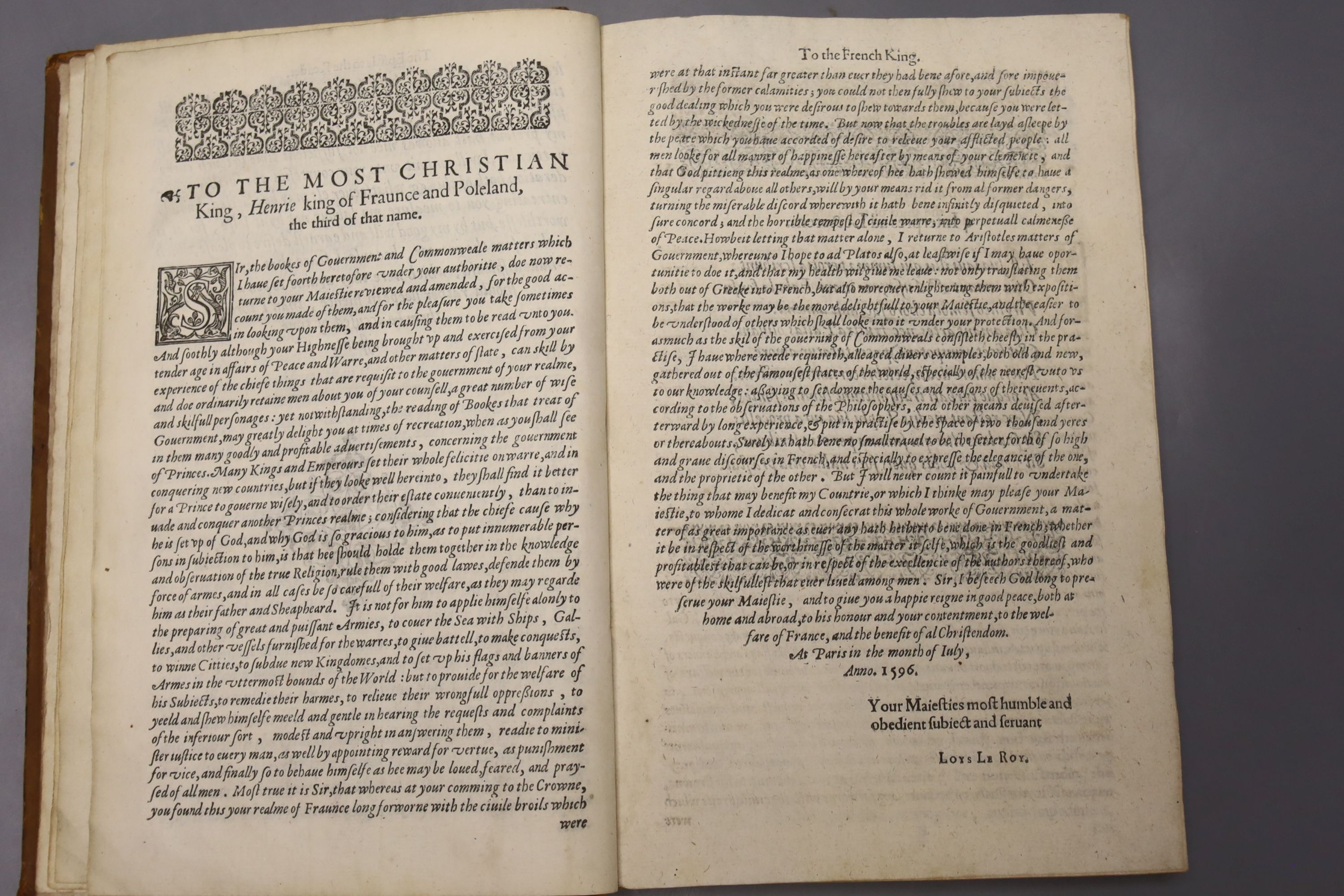 Aristotle – Aristotle’s Politiques, or Discoures of Government, Translated out of Greeke into French, with Expositions taken out of the best authors … Translated out of French into English, engraved title device, head, t